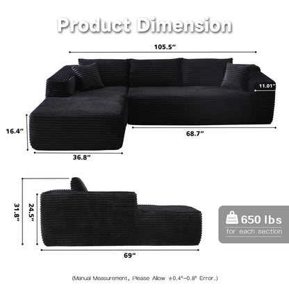 104" L-Shape Modular Couch with Chaise, Plush Corduroy Fabric